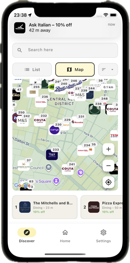 GeoPerk app on iPhone showing an Ask Italian discount notification on the map